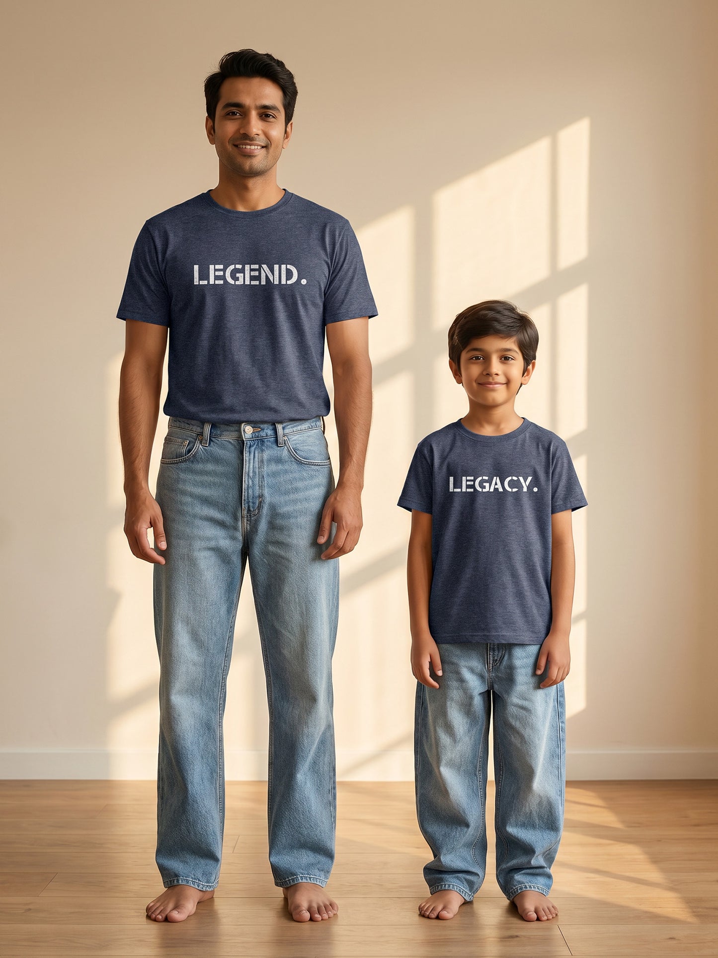 Matching shirts for father and son with 'LEGEND.' and 'LEGACY.'  text