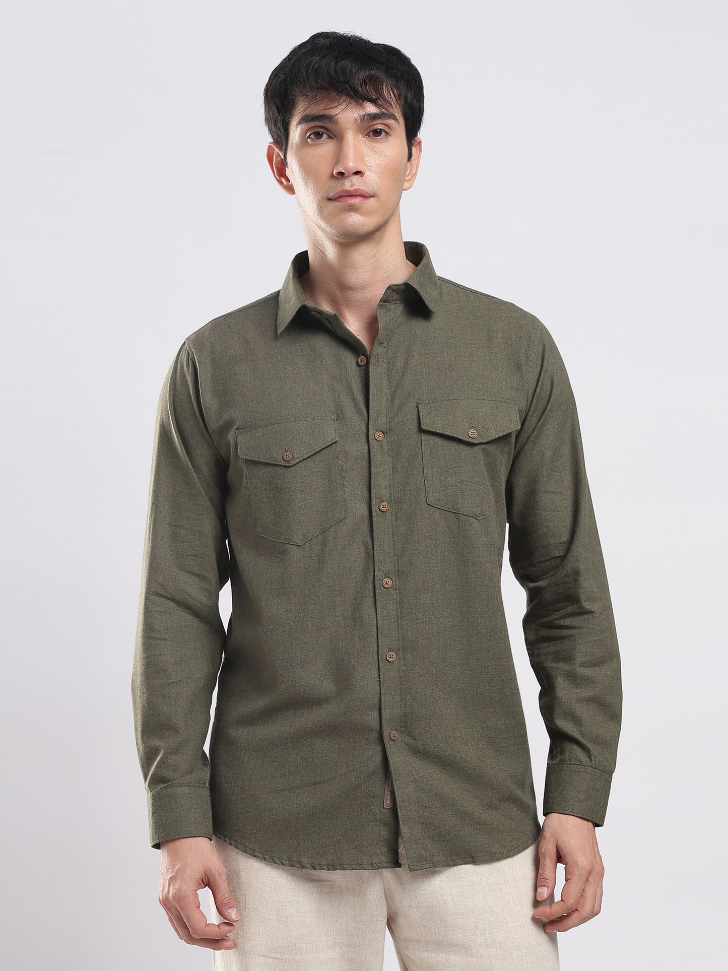 Olive Moss Utility Men's Cotton Melange Shirt