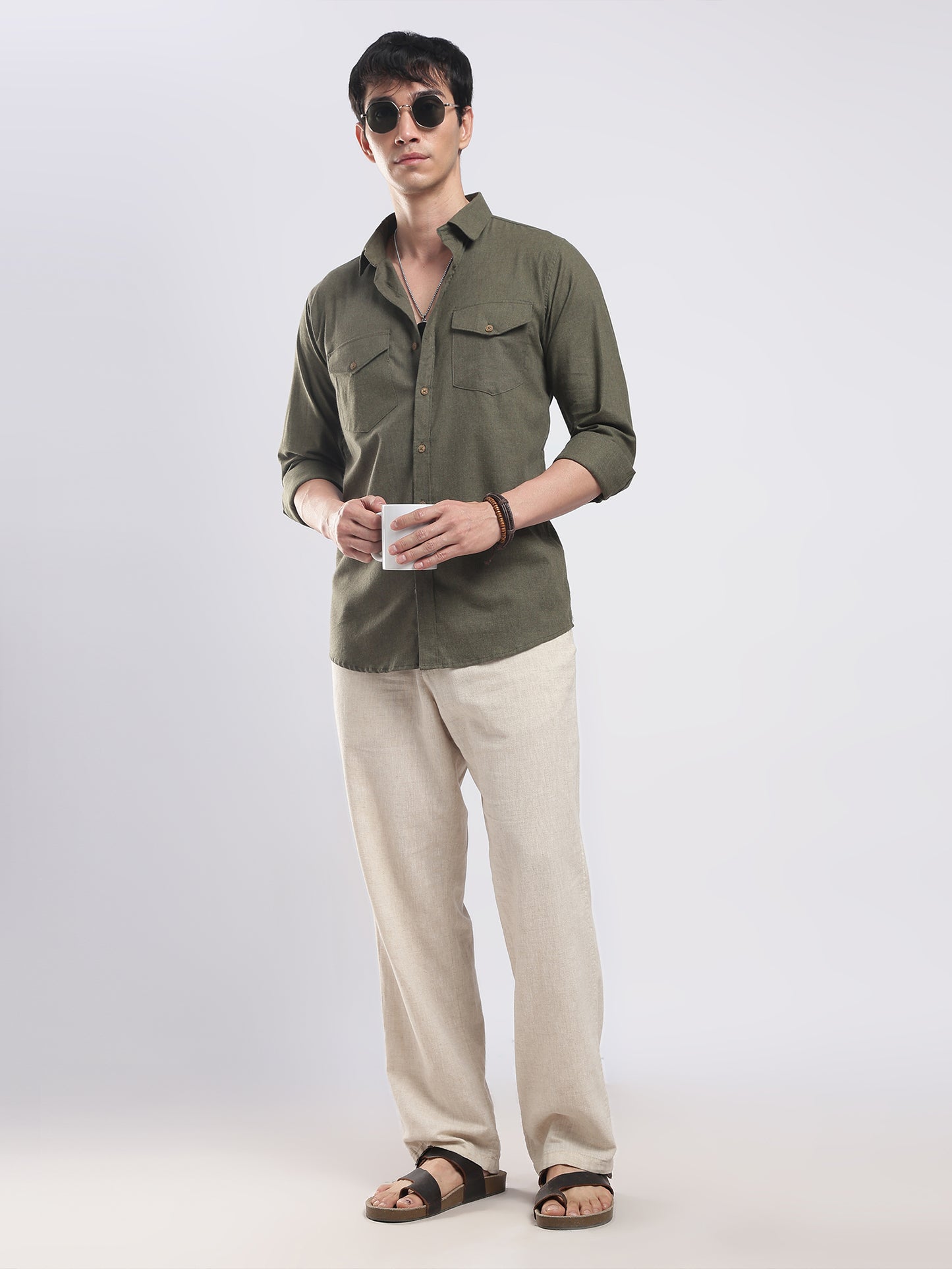 Olive Moss Utility Men's Cotton Melange Shirt