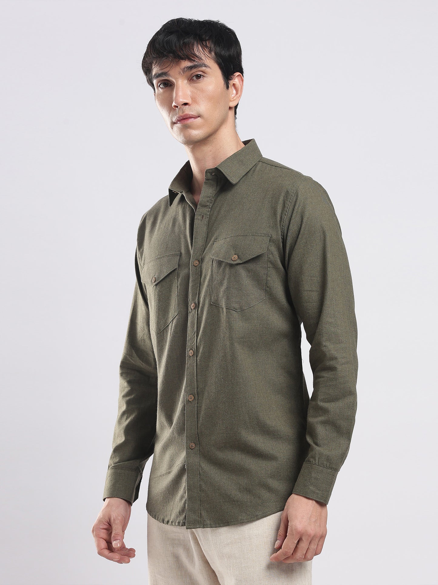 Olive Moss Utility Men's Cotton Melange Shirt