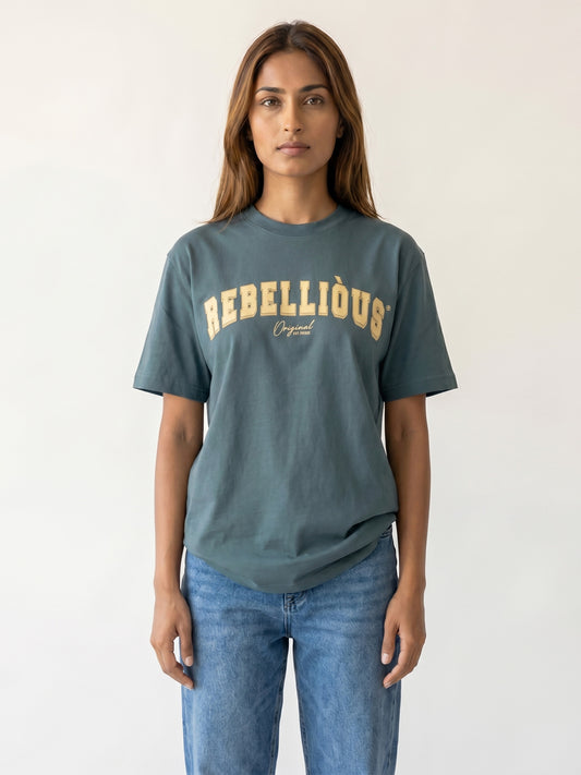 Unisex Green Cotton Typographic T-Shirt – “Rebellious” | Regular Fit