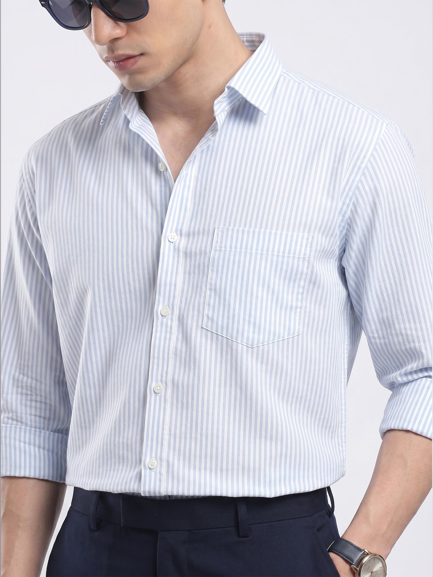 Men's Sky Blue Pinstripe Cotton Shirt