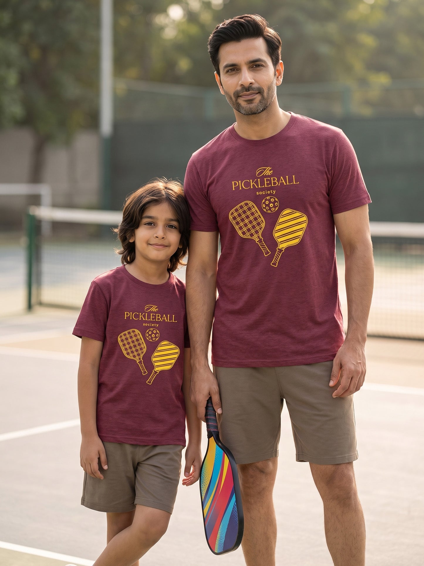 A man and a boy wearing matching maroon t-shirts with a yellow pickleball graphic and text, standing on a pickleball court with paddle in hand.