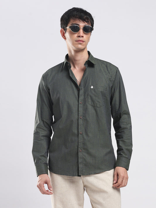 Verdant Grid Men's Casual Cotton Shirt