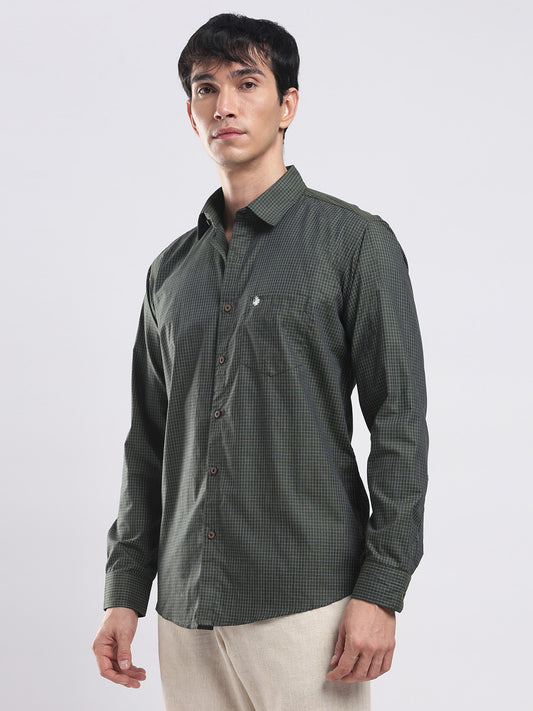 Verdant Grid Men's Casual Cotton Shirt