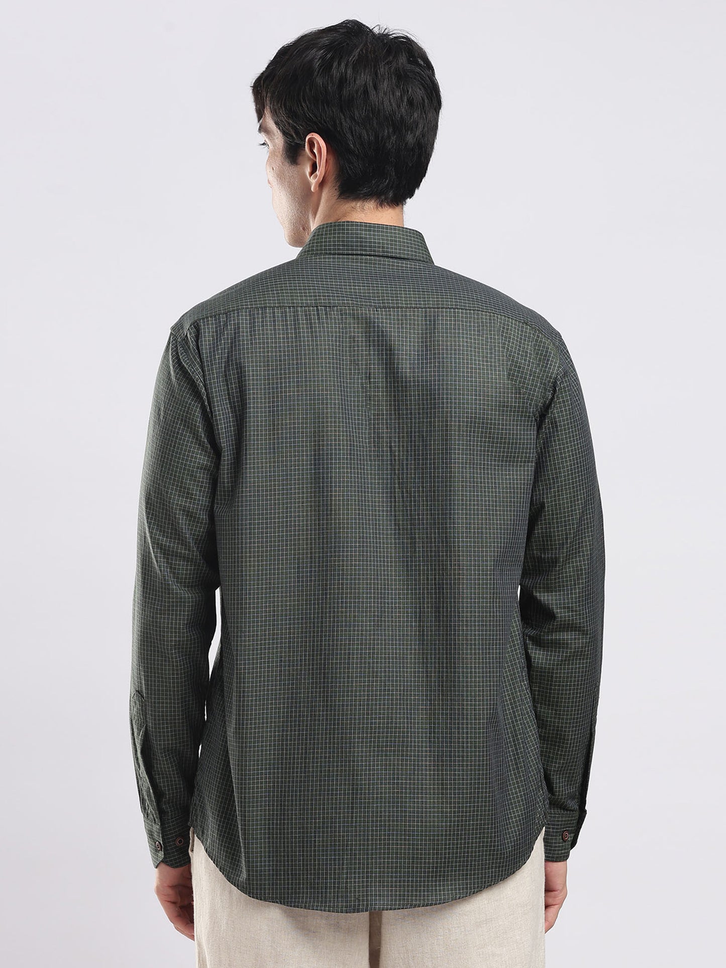 Verdant Grid Men's Casual Cotton Shirt