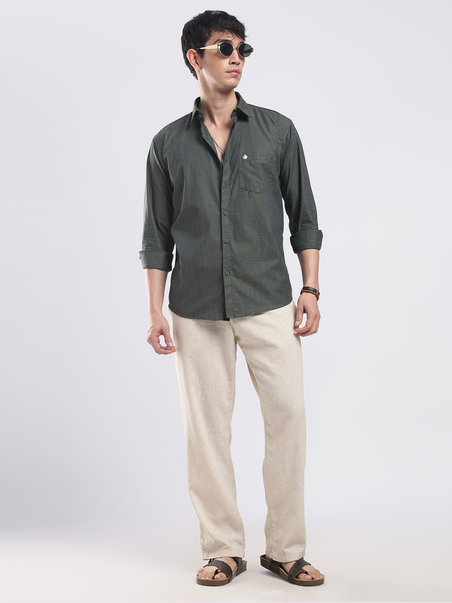 Verdant Grid Men's Casual Cotton Shirt