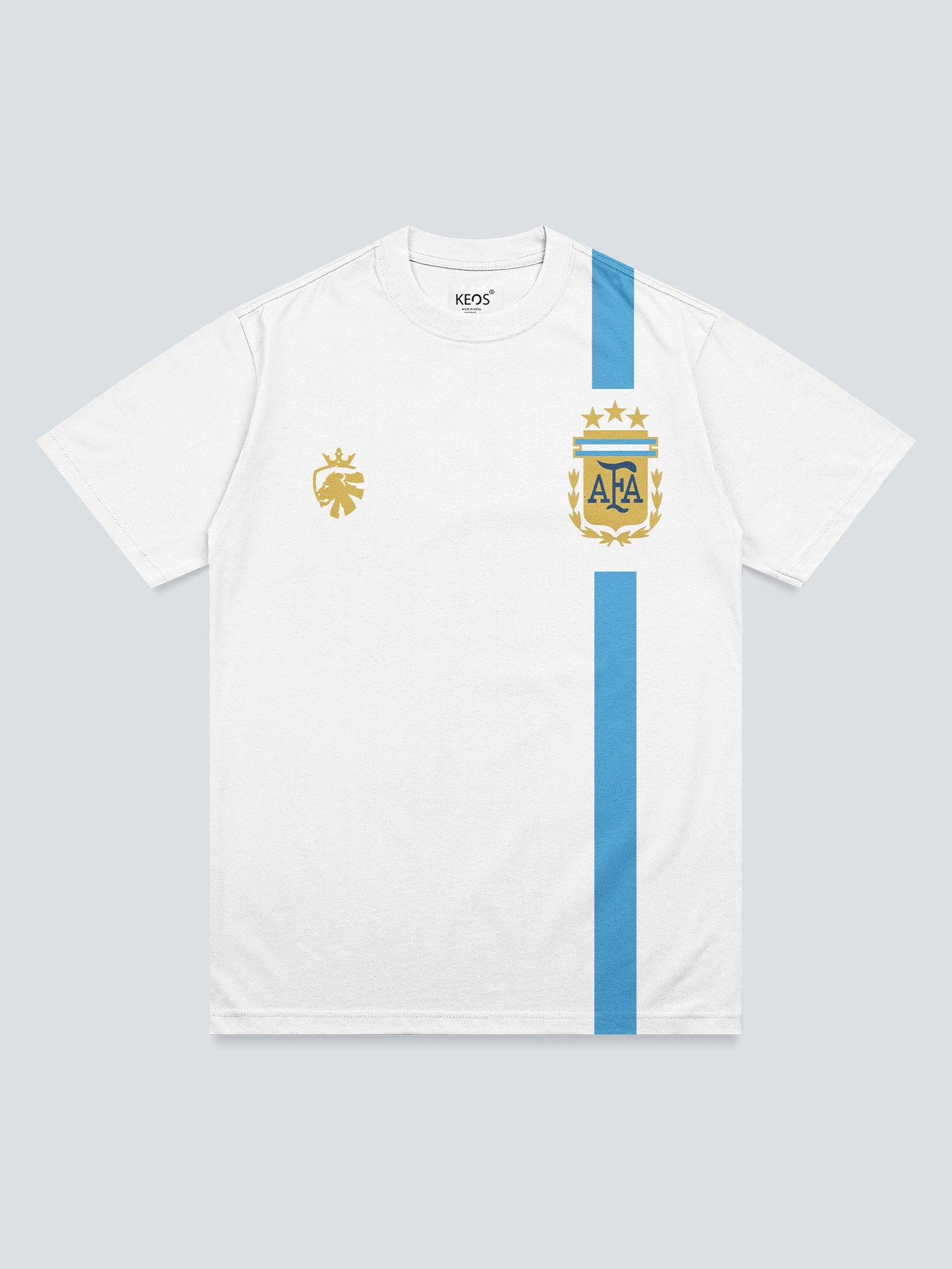 White argentina messi sports jersey with blue stripe and logo on a light gray background