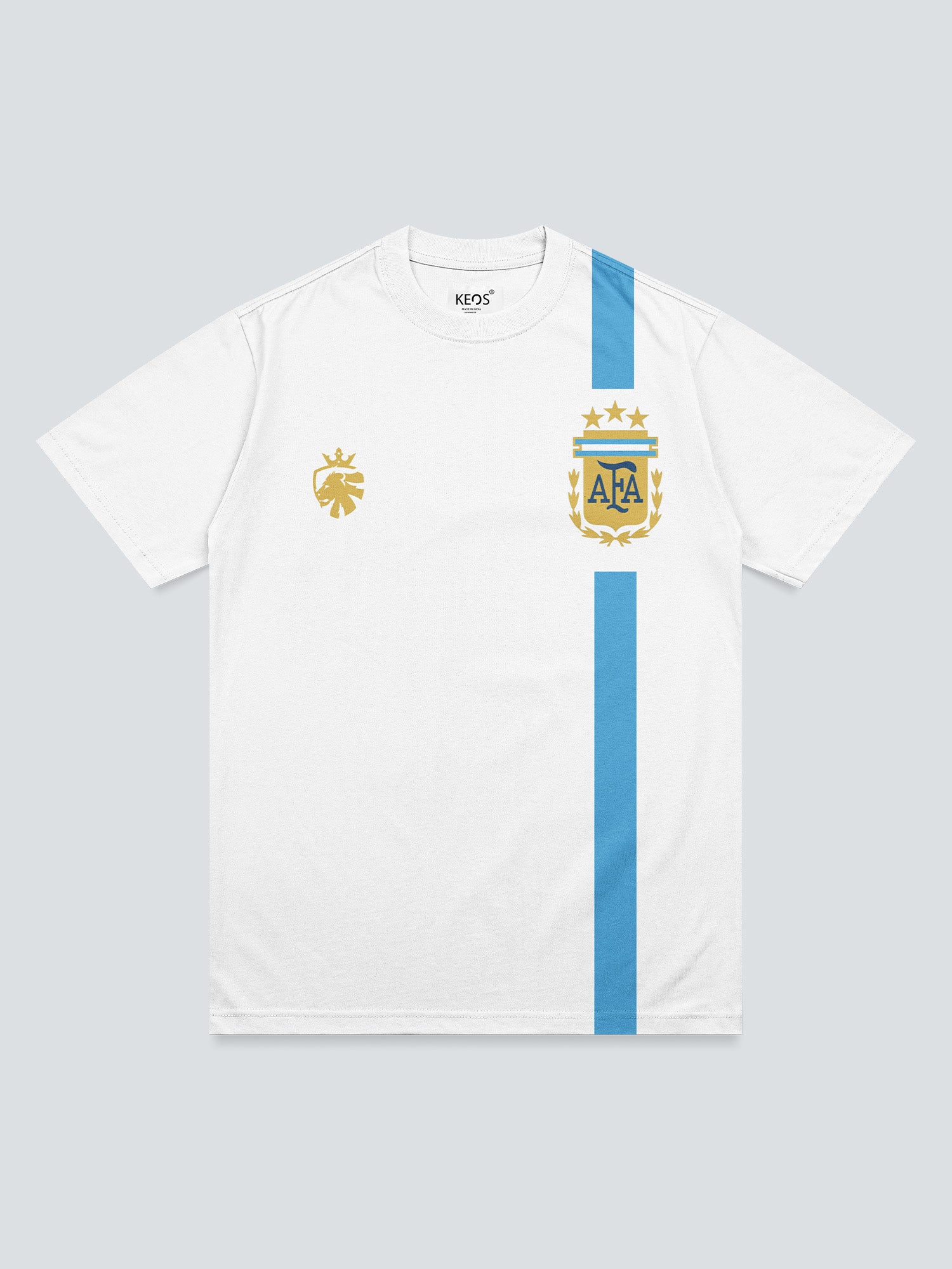 White argentina messi sports jersey with blue stripe and logo on a light gray background