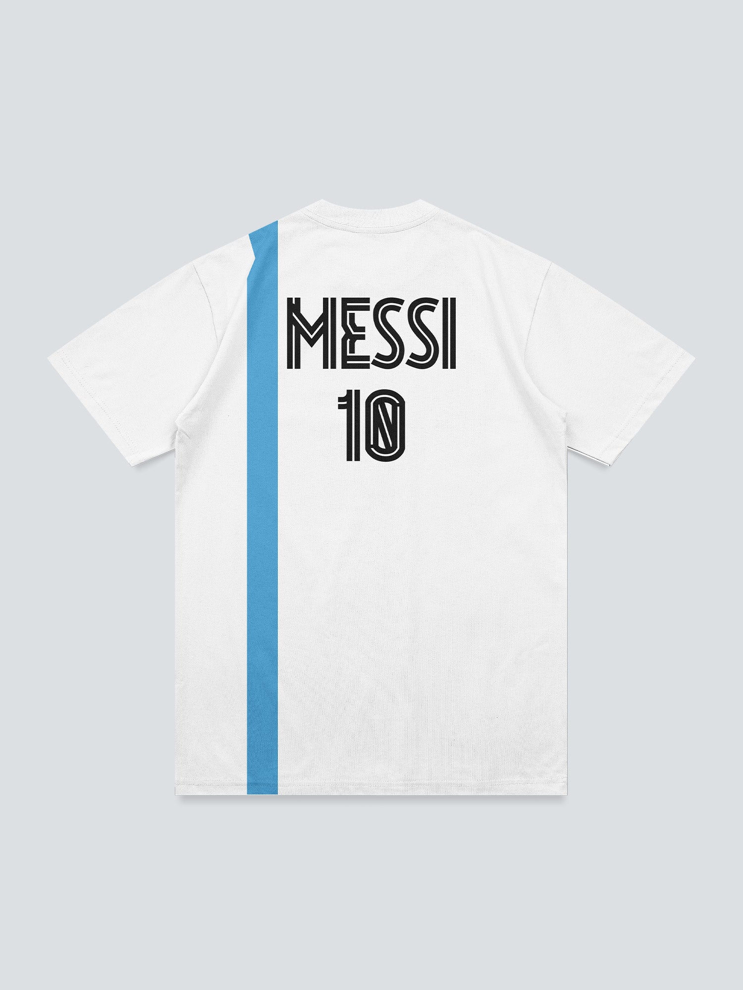 White t-shirt with 'Messi 10' printed on the back against a light gray background