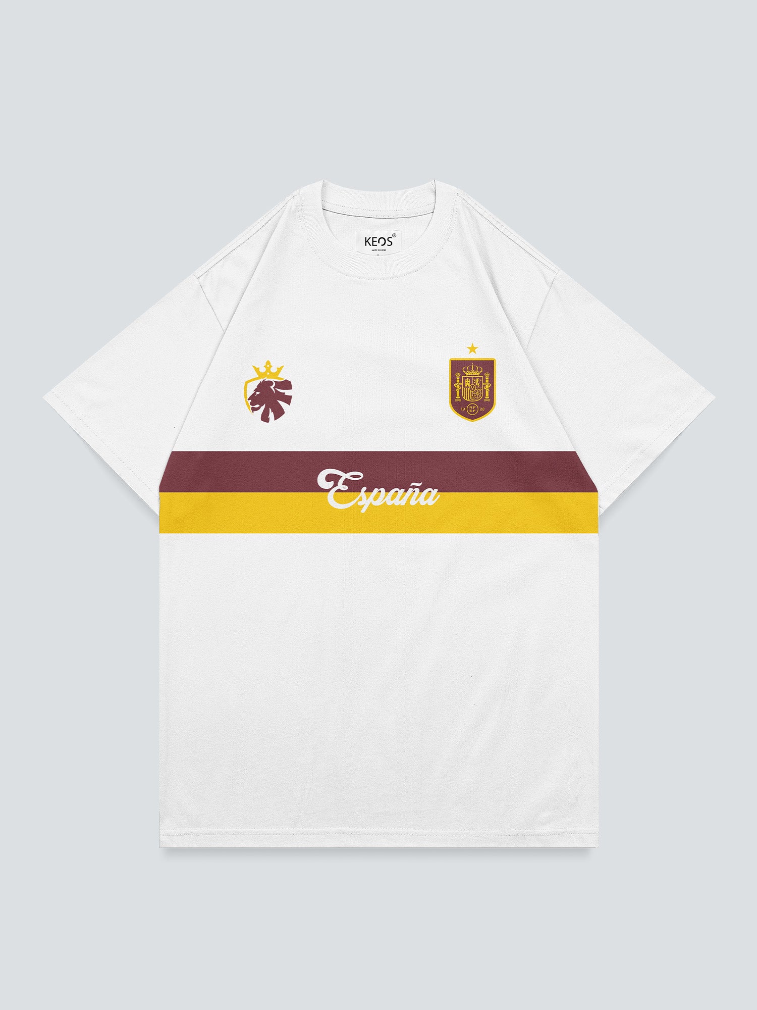 White t-shirt with spanish football world cup inspired jersey featuring a logo and text on a light gray background